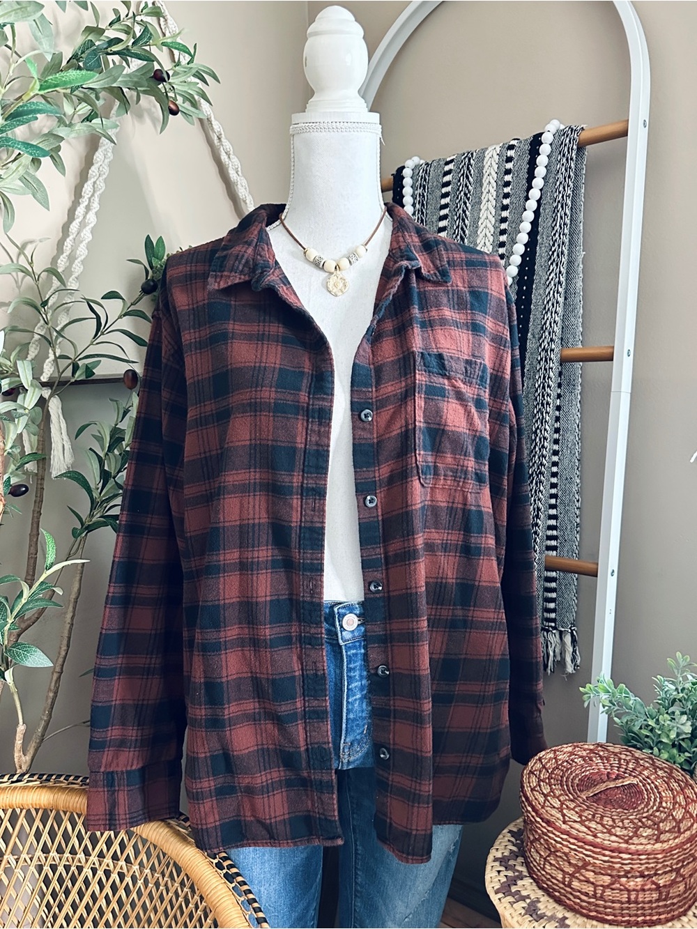 SO Goods For Life Rust Brown Orange Black Plaid Flannel Shirt L